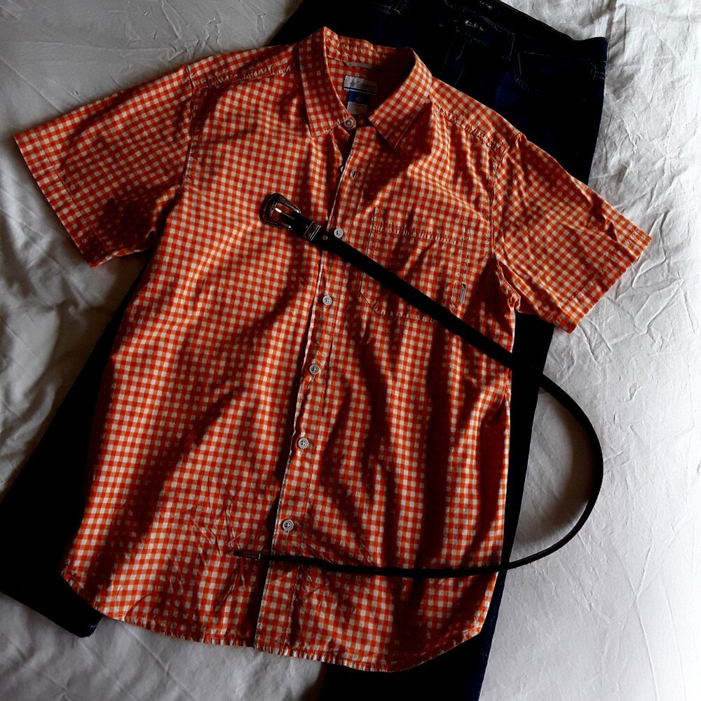 Orange Checked 100% Cotton Short-Sleeved Shirt - EUC!